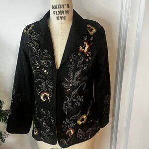 Laura Ashley Black Embroidered and Beaded Floral Print Raw Silk Blend Jacket Siz